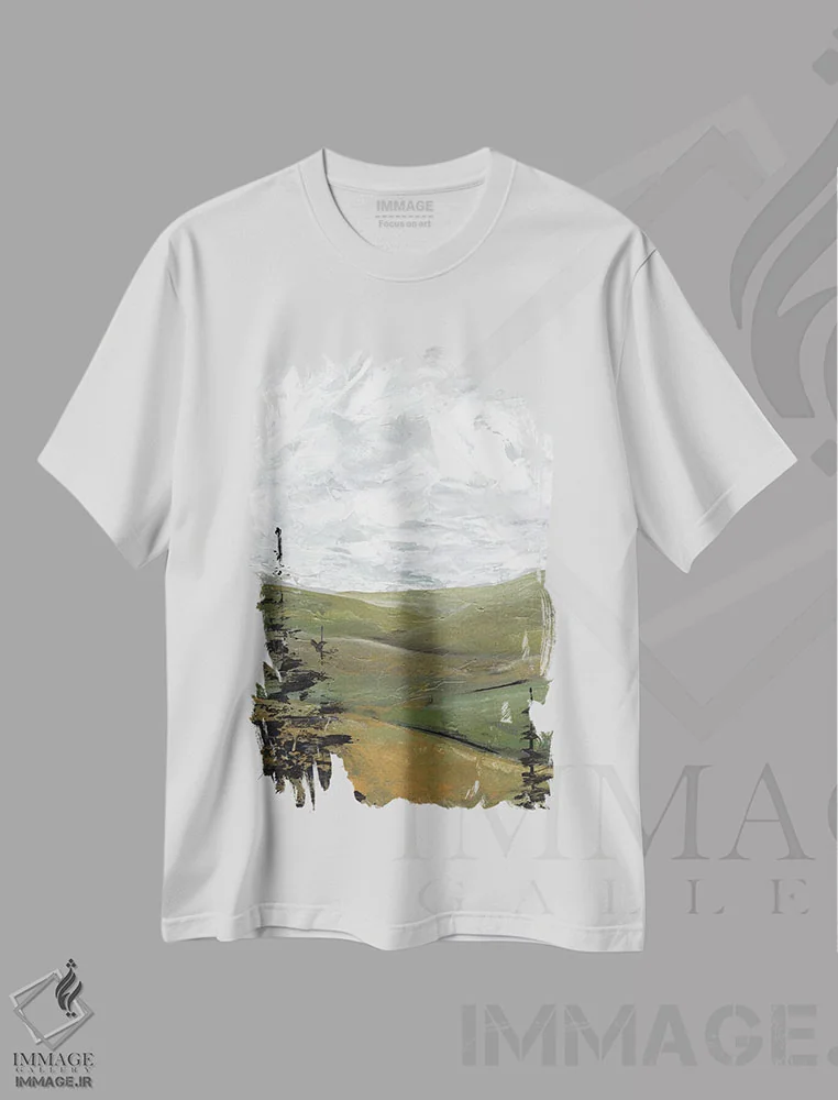 تیشرت سفید طرح دار همیشه سبز، آبستره اثر مارسی چپمن | immage.ir
