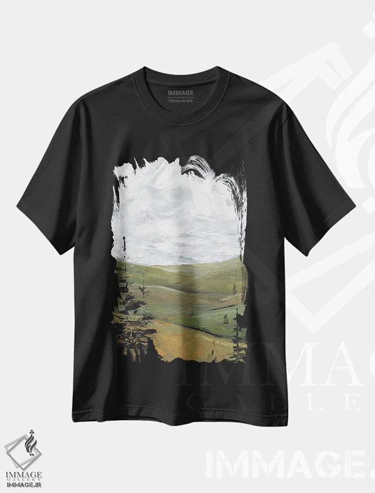 تیشرت مشکی طرح دار همیشه سبز، آبستره اثر مارسی چپمن | فروشگاه ایماژ
