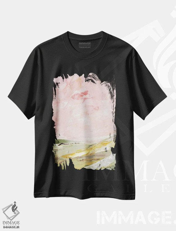 تیشرت مشکی طرح دار تپه های سبز و صورتی ۲، آبستره اثر مارسی چپمن | فروشگاه ایماژ