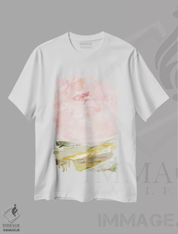 تیشرت سفید طرح دار تپه های سبز و صورتی ۲، آبستره اثر مارسی چپمن | immage.ir