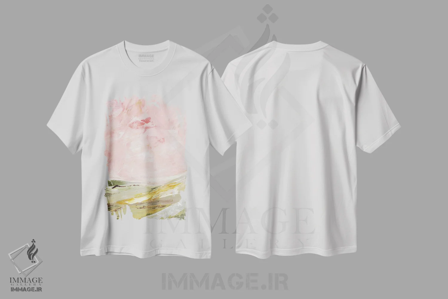 تیشرت سفید طرح دار تپه های سبز و صورتی ۲، آبستره اثر مارسی چپمن | immage.ir