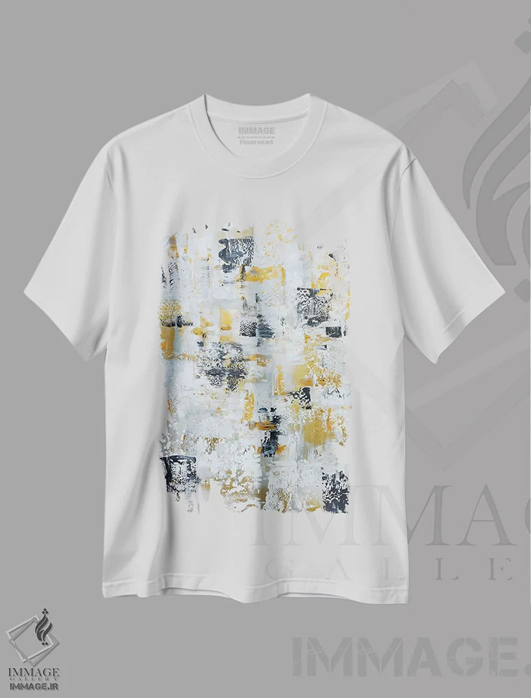 تیشرت سفید طرح دار انتزاع نقره ای خاکستری طلایی اثر مارسی چپمن | immage.ir