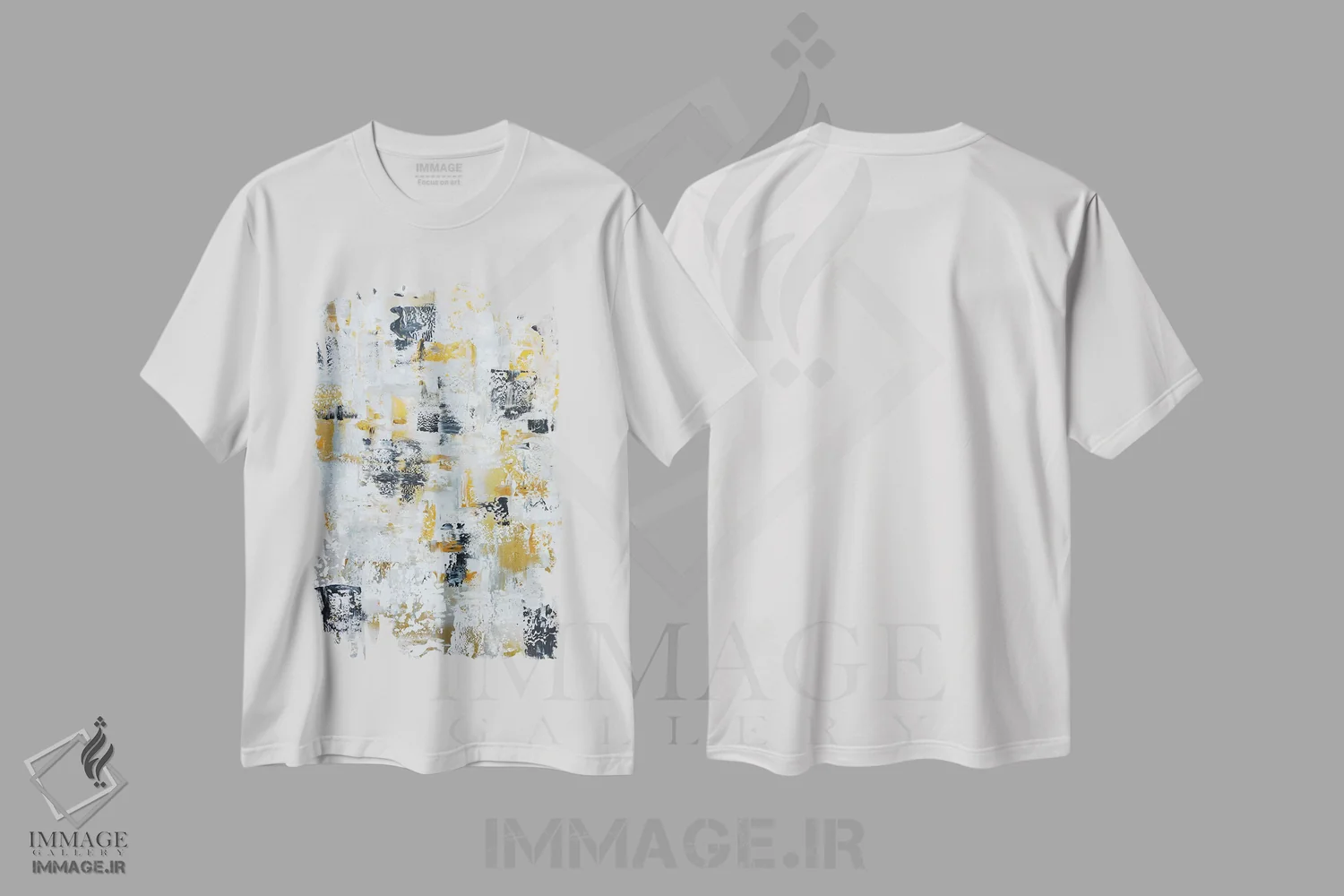 تیشرت سفید طرح دار انتزاع نقره ای خاکستری طلایی اثر مارسی چپمن | immage.ir