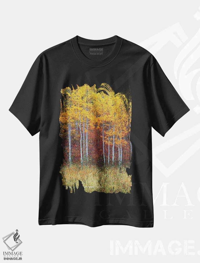تیشرت مشکی طرح دار جنگل سپیدار پاییزی سمت چپ، تزئینی اثر کریستوفر وست | فروشگاه ایماژ