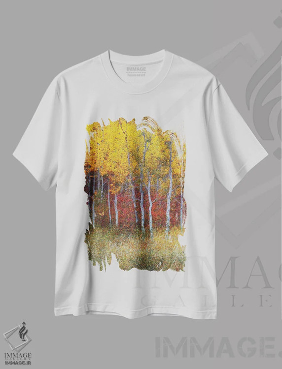 تیشرت سفید طرح دار جنگل سپیدار پاییزی سمت راست، تزئینی اثر کریستوفر وست | فروشگاه ایماژ