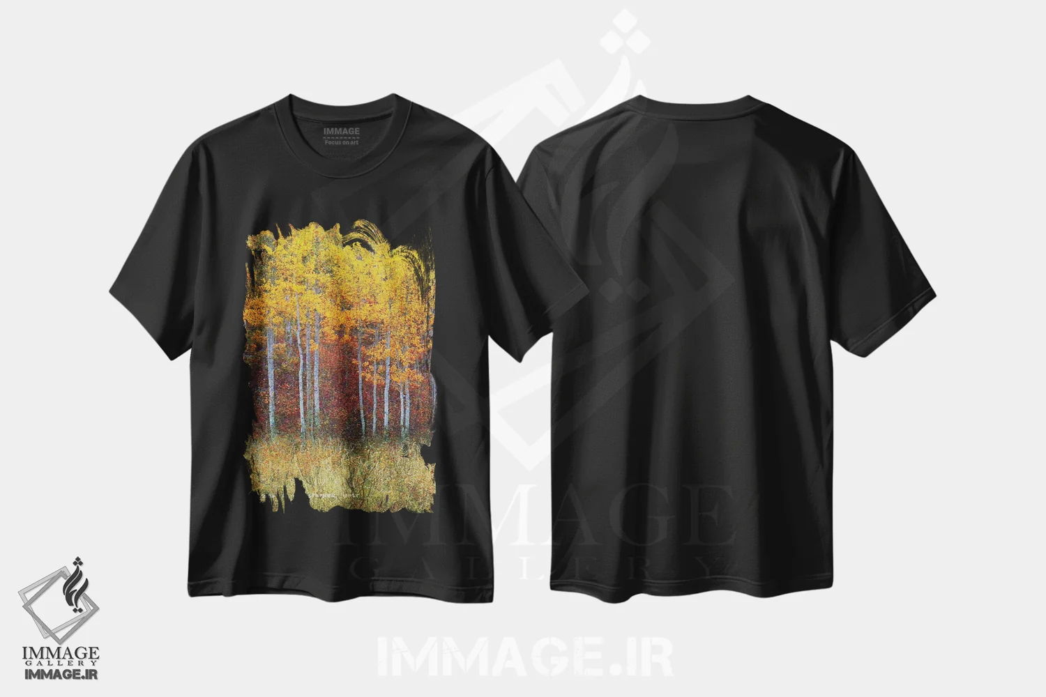 تیشرت مشکی طرح دار جنگل سپیدار پاییزی سمت چپ، تزئینی اثر کریستوفر وست | فروشگاه ایماژ