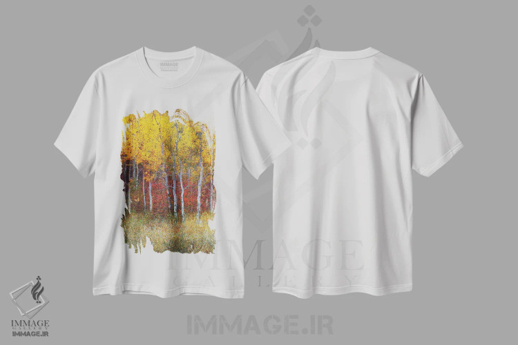 تیشرت سفید طرح دار جنگل سپیدار پاییزی سمت راست، تزئینی اثر کریستوفر وست | فروشگاه ایماژ