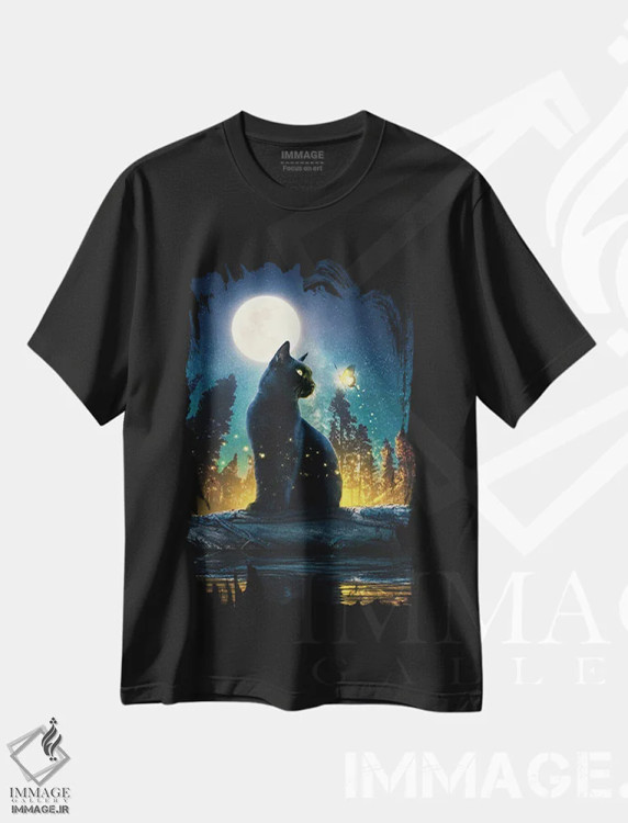 تیشرت مشکی طرح دار گربهٔ سیاه در جنگل جادویی، هنر دیجیتال اثر آدام کازینز | فروشگاه ایماژ