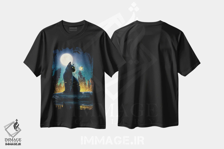 تیشرت مشکی طرح دار گربهٔ سیاه در جنگل جادویی، هنر دیجیتال اثر آدام کازینز | فروشگاه ایماژ