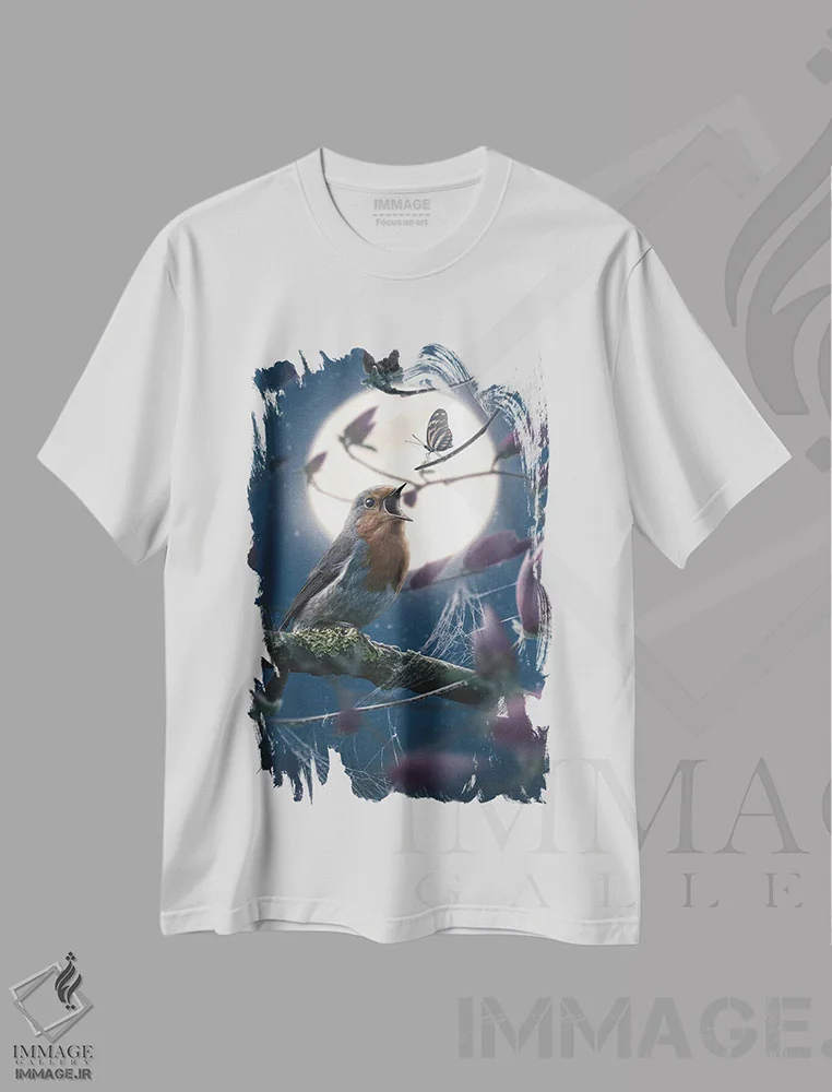 تیشرت سفید طرح دار پروانه و فنچ اروپایی، هنر دیجیتال اثر آدام کازینز | فروشگاه ایماژ