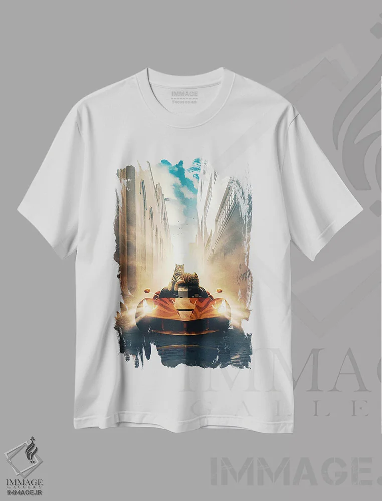 تیشرت سفید طرح دار گربه مقلد، هنر دیجیتال اثر آدام کازینز | فروشگاه ایماژ