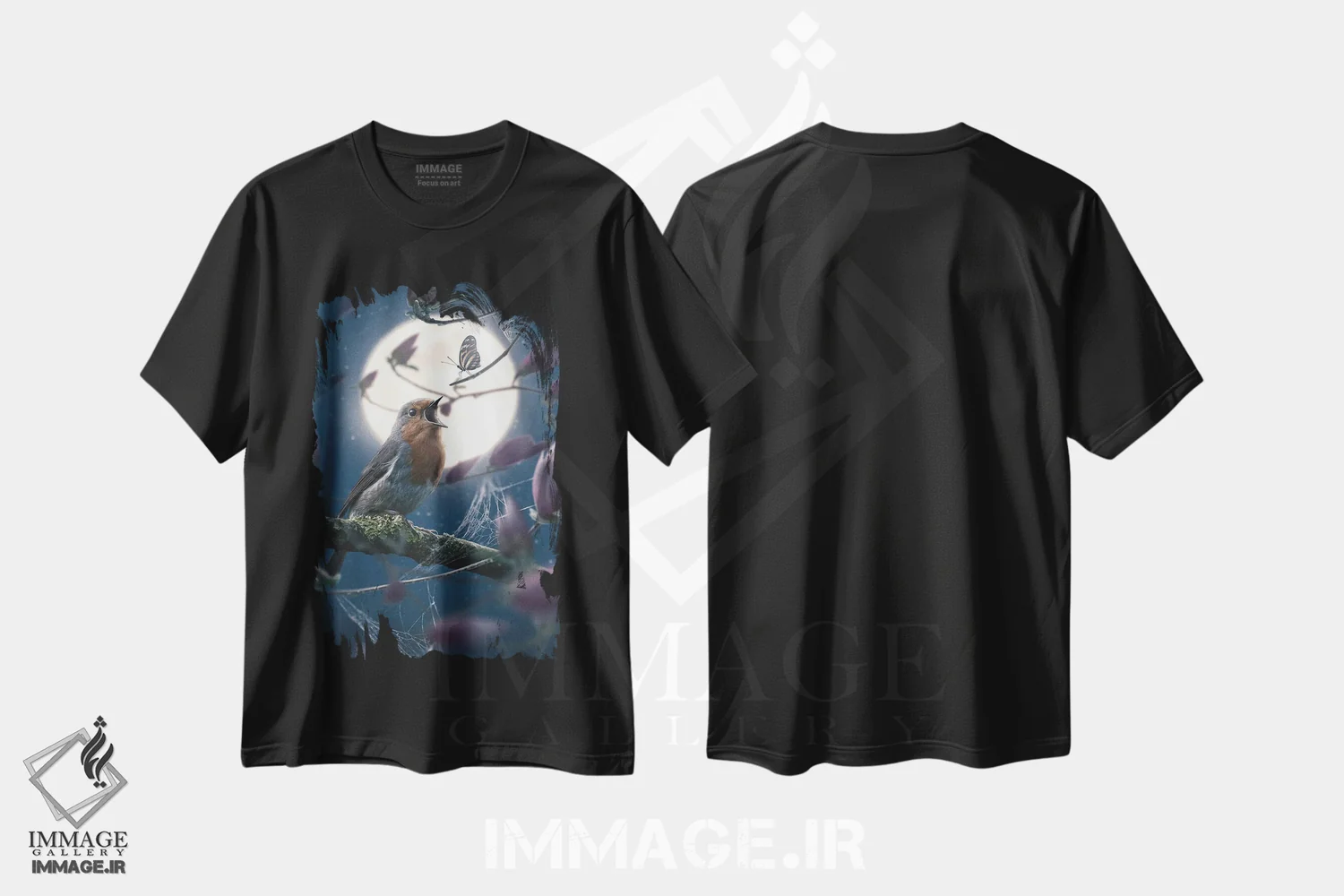 تیشرت مشکی طرح دار پروانه و فنچ اروپایی، هنر دیجیتال اثر آدام کازینز | immage.ir