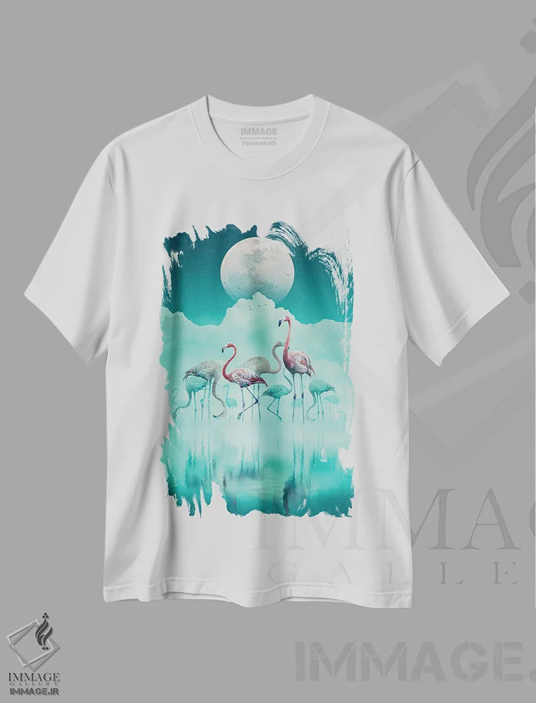 تیشرت سفید طرح دار فلامینگوها در مه، هنر دیجیتال اثر آدام کازینز | فروشگاه ایماژ
