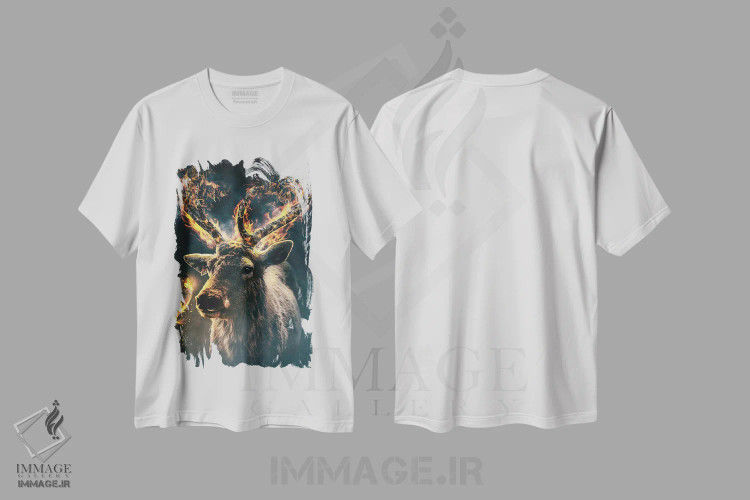 تیشرت سفید طرح دار گوزن آتشین، هنر دیجیتال اثر آدام کازینز | immage.ir
