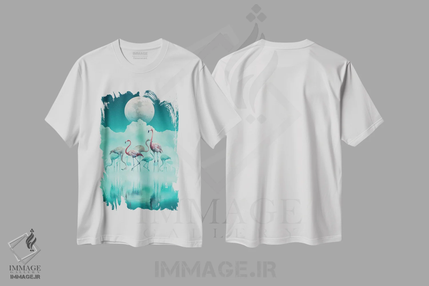 تیشرت سفید طرح دار فلامینگوها در مه، هنر دیجیتال اثر آدام کازینز | فروشگاه ایماژ