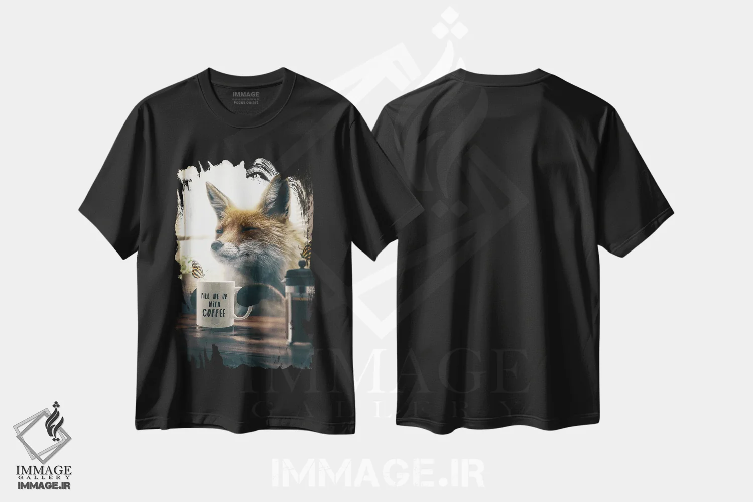 تیشرت مشکی طرح دار روباه با قهوه، هنر دیجیتال اثر آدام کازینز | فروشگاه ایماژ