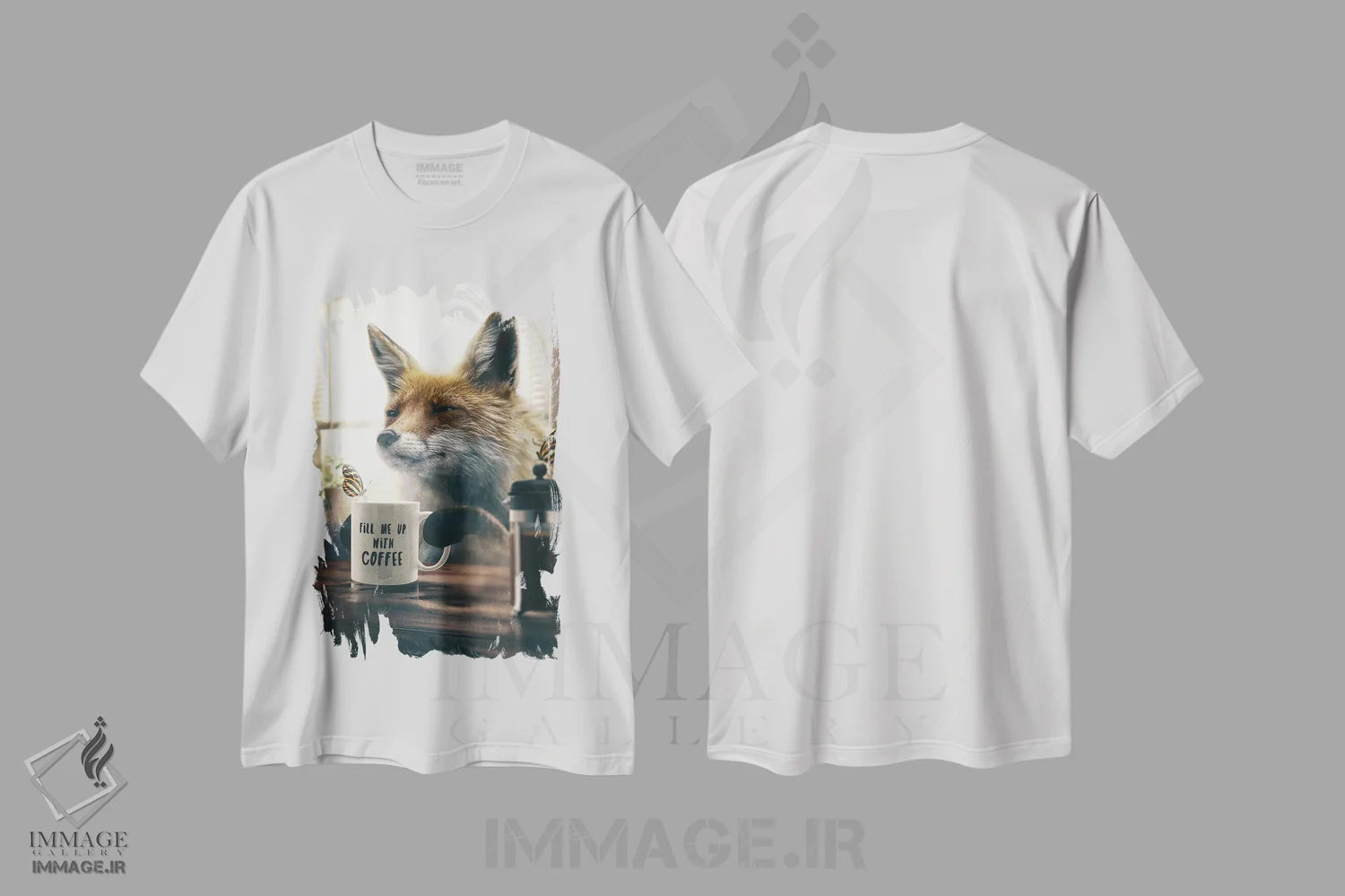 تیشرت سفید طرح دار روباه با قهوه، هنر دیجیتال اثر آدام کازینز | immage.ir