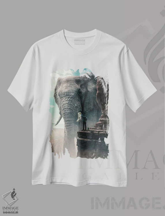 تیشرت سفید طرح دار فیل غول پیکر، هنر دیجیتال اثر آدام کازینز | فروشگاه ایماژ