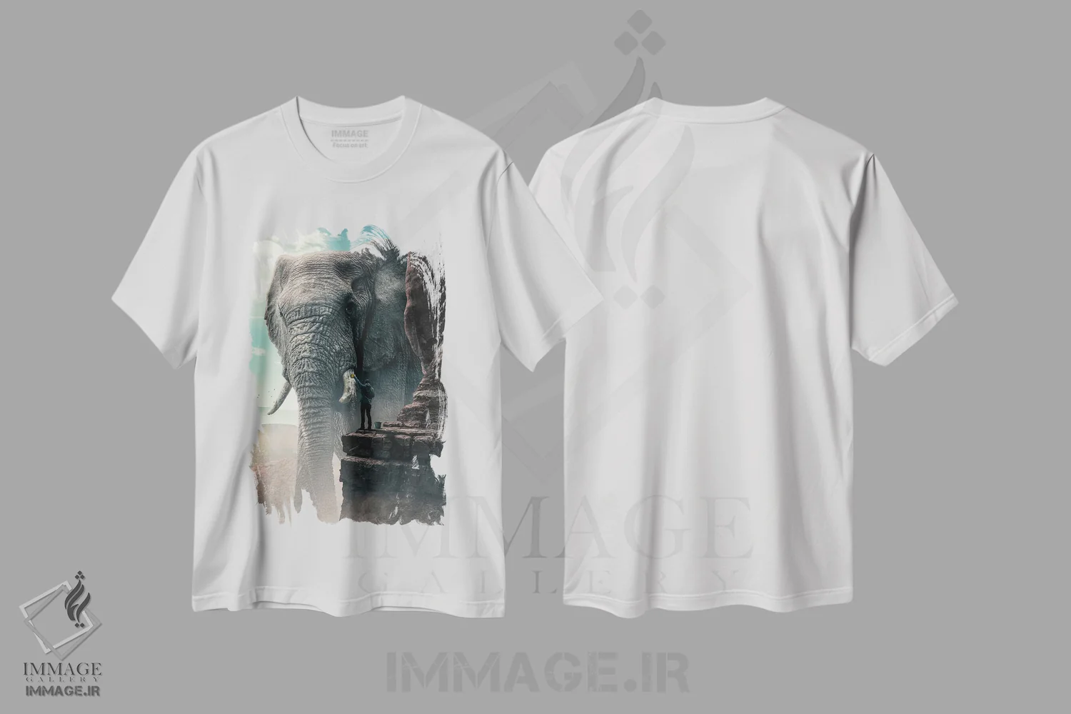 تیشرت سفید طرح دار فیل غول پیکر، هنر دیجیتال اثر آدام کازینز | فروشگاه ایماژ