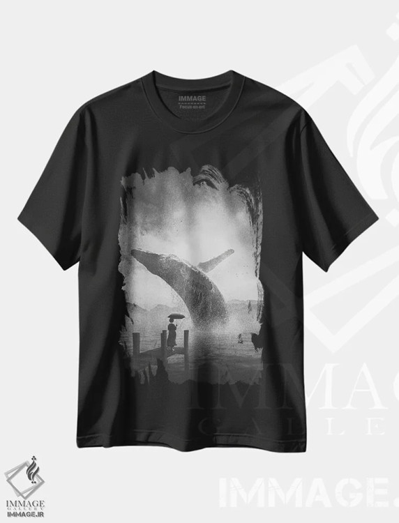 تیشرت مشکی طرح دار نهنگ غول پیکر، دکور ساحلی اثر آدام کازینز | فروشگاه ایماژ