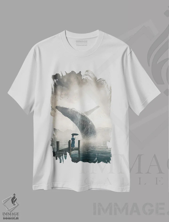 تیشرت سفید طرح دار نهنگ غول پیکر، دکور ساحلی اثر آدام کازینز | فروشگاه ایماژ