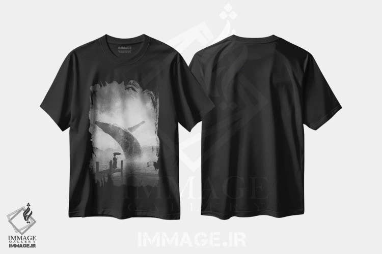 تیشرت مشکی طرح دار نهنگ غول پیکر، دکور ساحلی اثر آدام کازینز | فروشگاه ایماژ