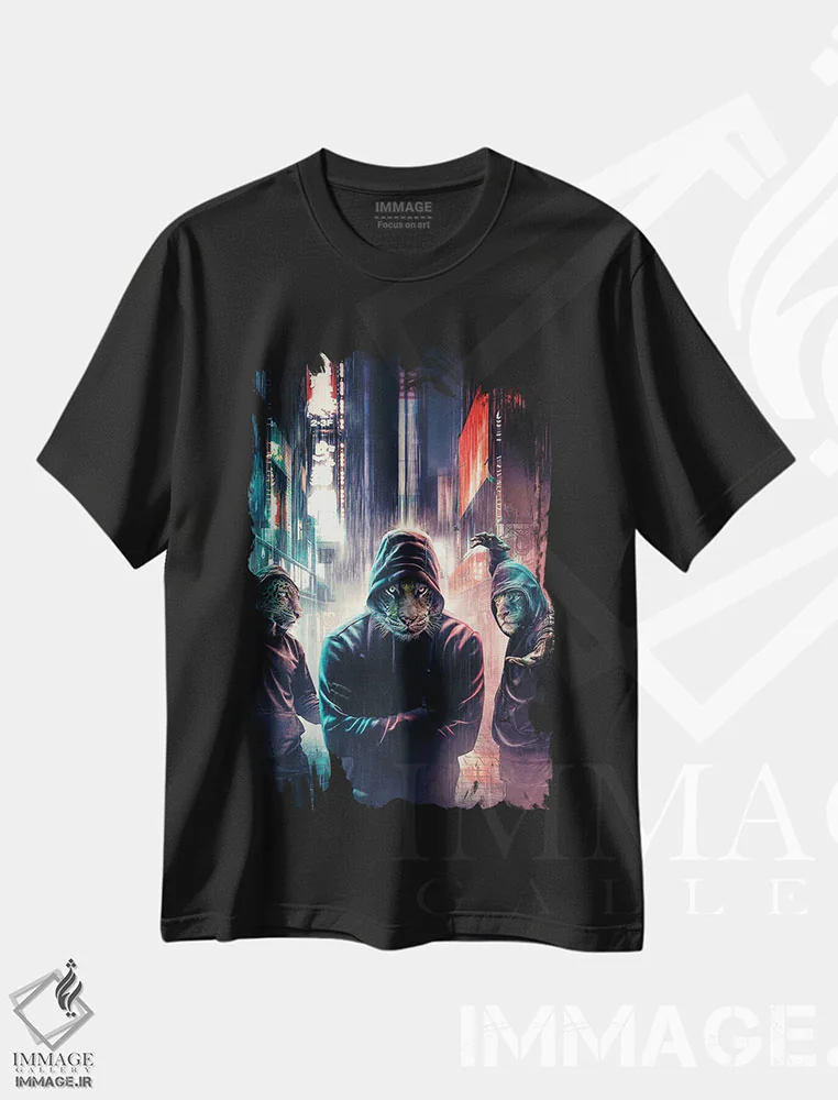 تیشرت مشکی طرح دار گربه های کلاه دار، هنر دیجیتال اثر آدام کازینز | فروشگاه ایماژ