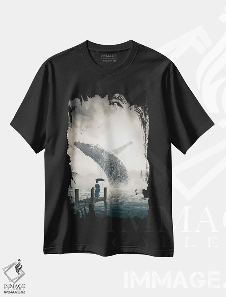 تیشرت مشکی طرح دار نهنگ غول پیکر، دکور ساحلی اثر آدام کازینز | immage.ir