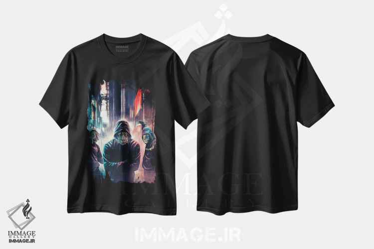 تیشرت مشکی طرح دار گربه های کلاه دار، هنر دیجیتال اثر آدام کازینز | فروشگاه ایماژ