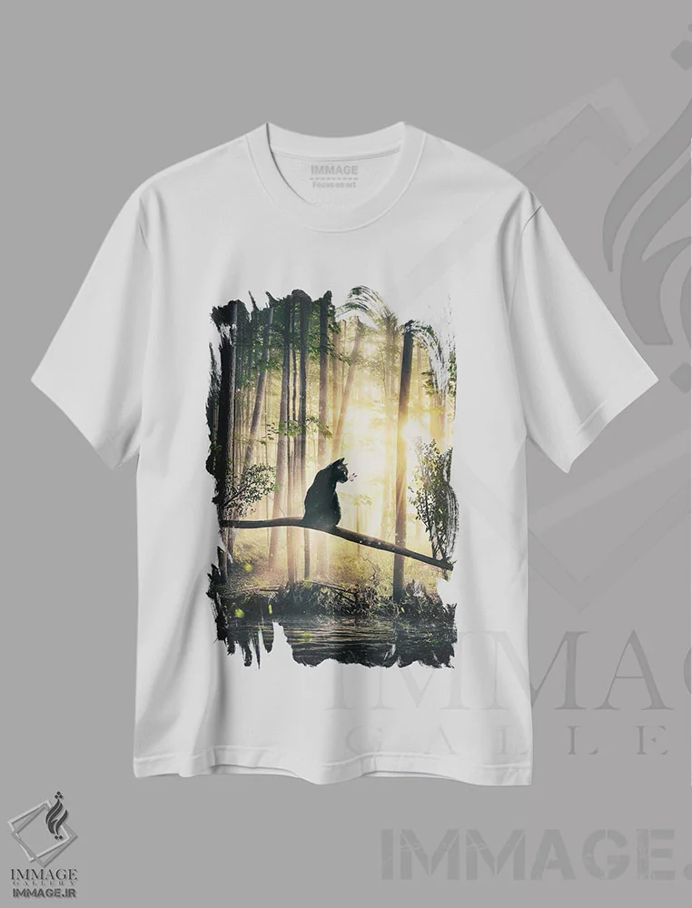 تیشرت سفید طرح دار گربه مشکی در جنگل، هنر دیجیتال اثر آدام کازینز | فروشگاه ایماژ