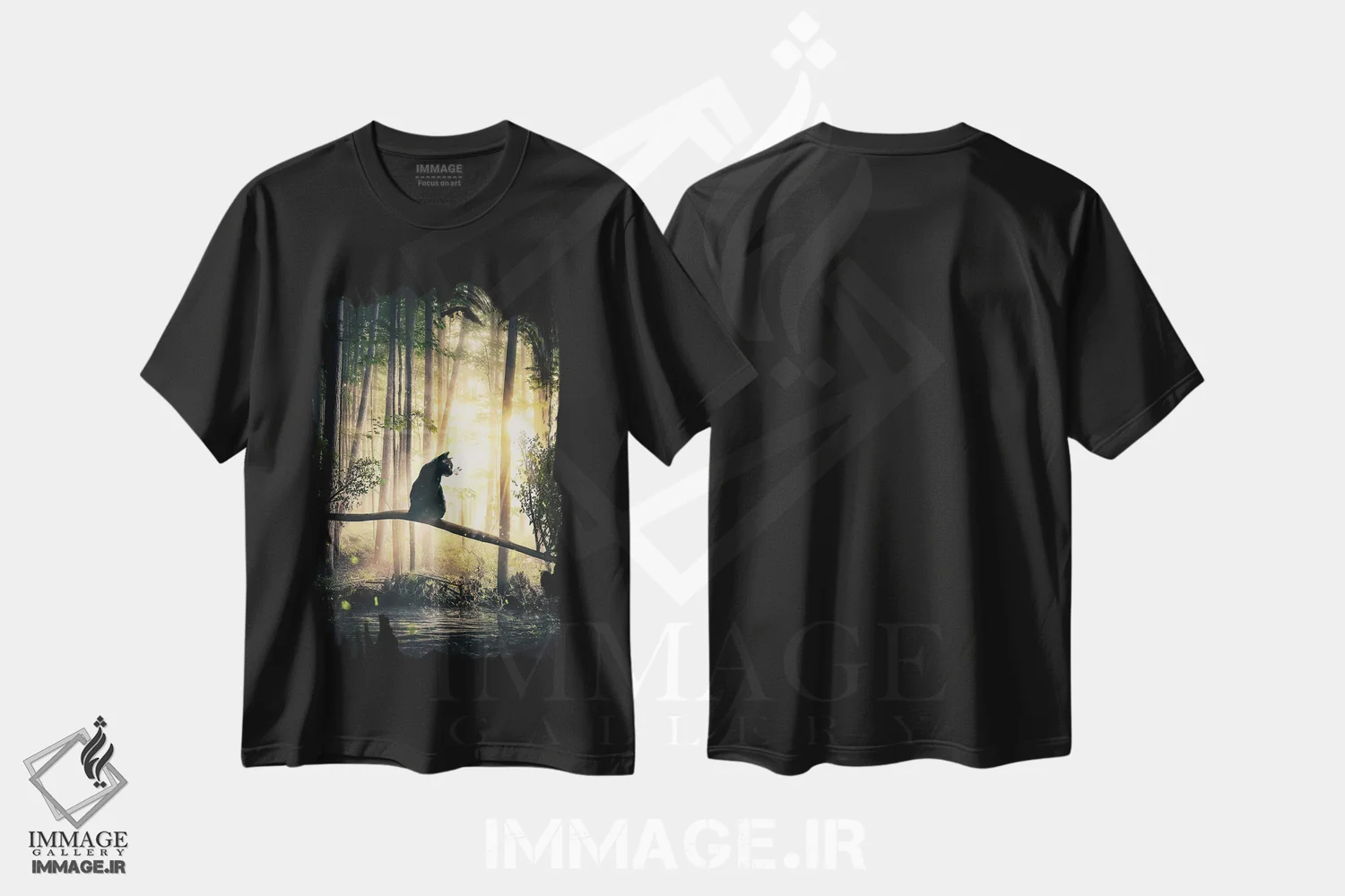 تیشرت مشکی طرح دار گربه مشکی در جنگل، هنر دیجیتال اثر آدام کازینز | immage.ir