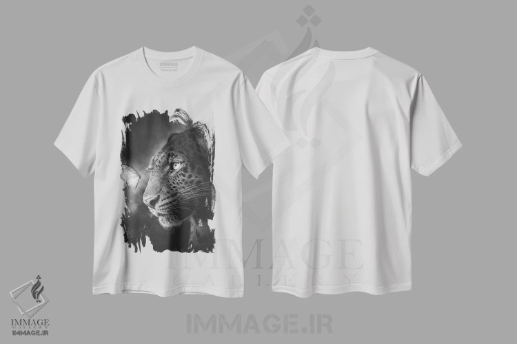 تیشرت سفید طرح دار پلنگ خالدار و پروانه، هنر دیجیتال سیاه و سفید اثر آدام کازینز | فروشگاه ایماژ