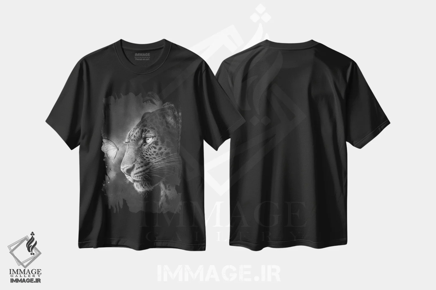 تیشرت مشکی طرح دار پلنگ خالدار و پروانه، هنر دیجیتال سیاه و سفید اثر آدام کازینز | immage.ir