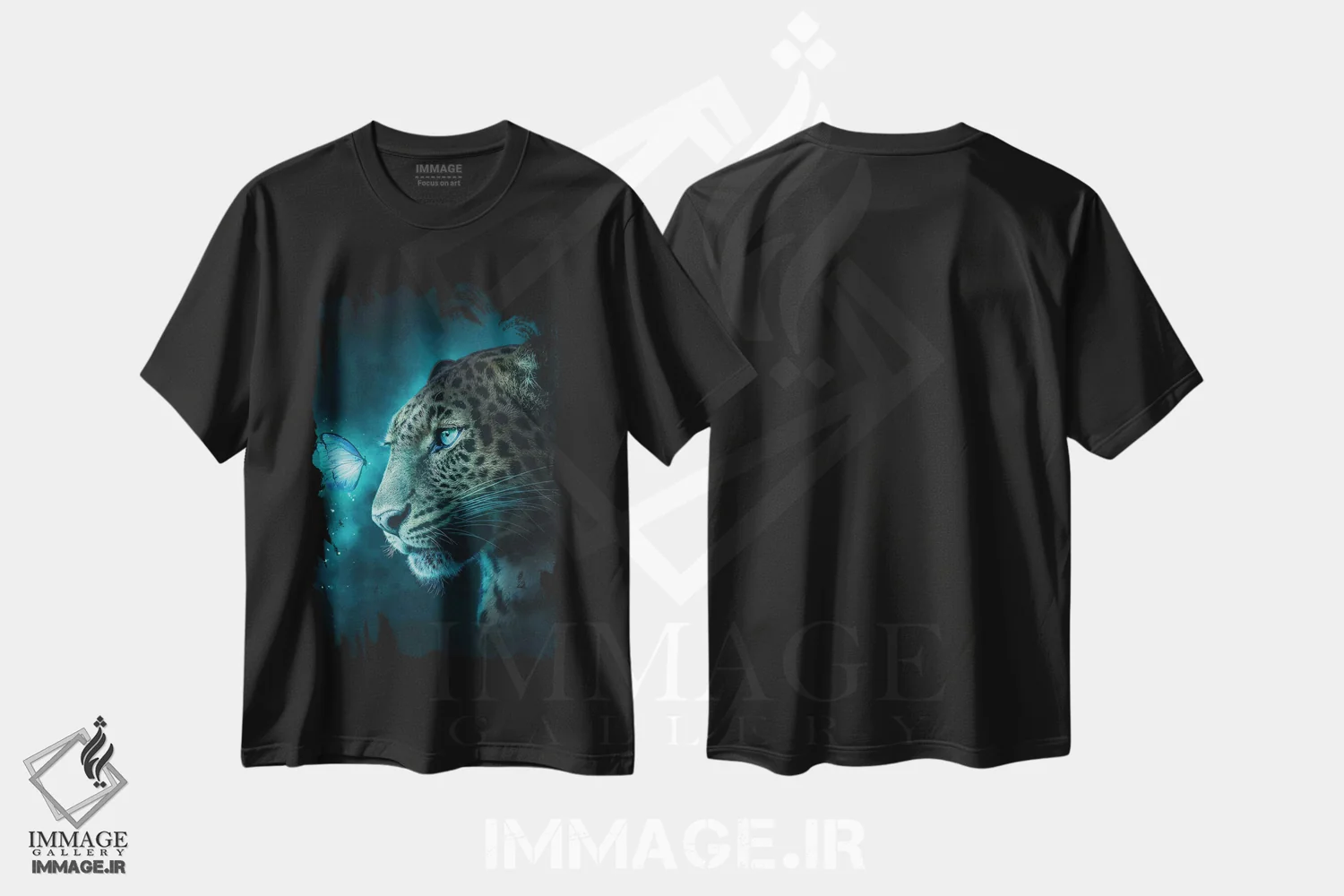 تیشرت مشکی طرح دار پلنگ خالدار و پروانه، هنر دیجیتال اثر آدام کازینز | فروشگاه ایماژ