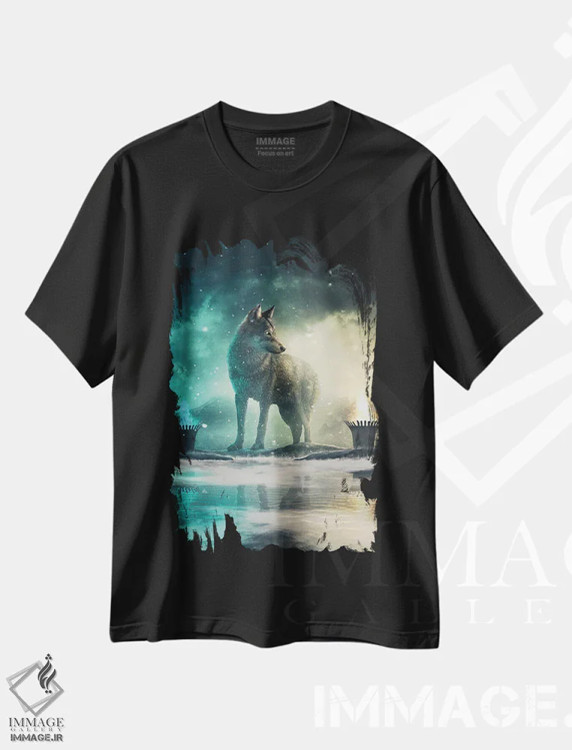 تیشرت مشکی طرح دار گرگ تنها، دکوراسیون جایگزین اثر آدام کازینز | فروشگاه ایماژ