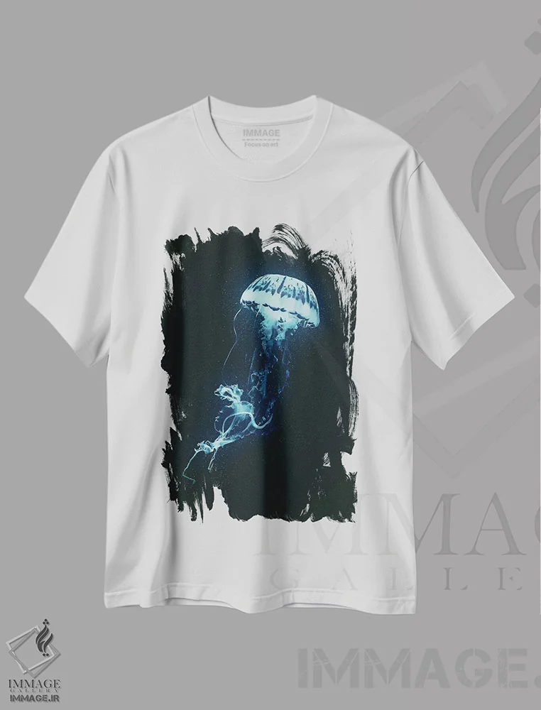تیشرت سفید طرح دار عروس دریایی نئونی، دکور ساحلی اثر آدام کازینز | فروشگاه ایماژ