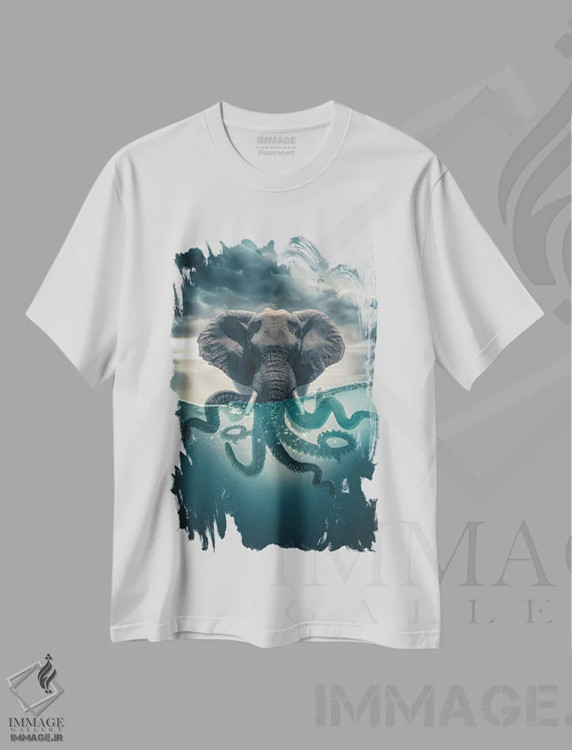 تیشرت سفید طرح دار اختاپوس-فیل، دکوراسیون جایگزین اثر آدام کازینز | فروشگاه ایماژ