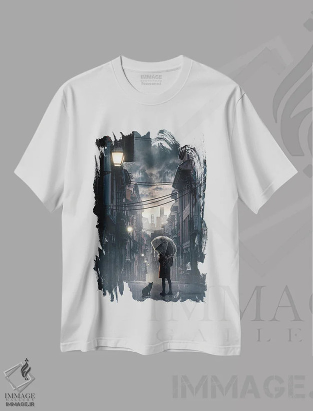 تیشرت سفید طرح دار شبح بارانی، دکوراسیون جایگزین اثر آدام کازینز | فروشگاه ایماژ
