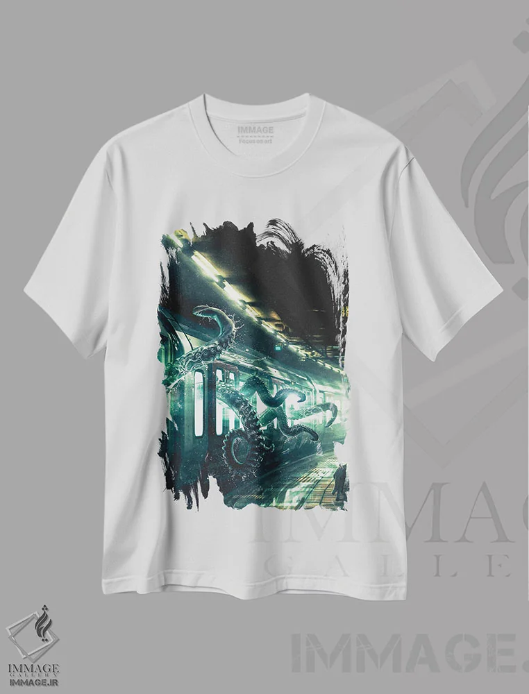 تیشرت سفید طرح دار اختاپوس سوار مترو، دکوراسیون جایگزین اثر آدام کازینز | فروشگاه ایماژ