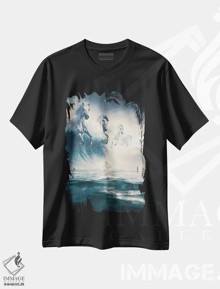 تیشرت مشکی طرح دار اسب های سفید، دکور ساحلی اثر آدام کازینز | فروشگاه ایماژ