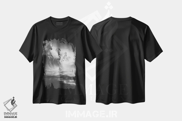 تیشرت مشکی طرح دار اسب های سفید، دکوراسیون جایگزین اثر آدام کازینز | immage.ir