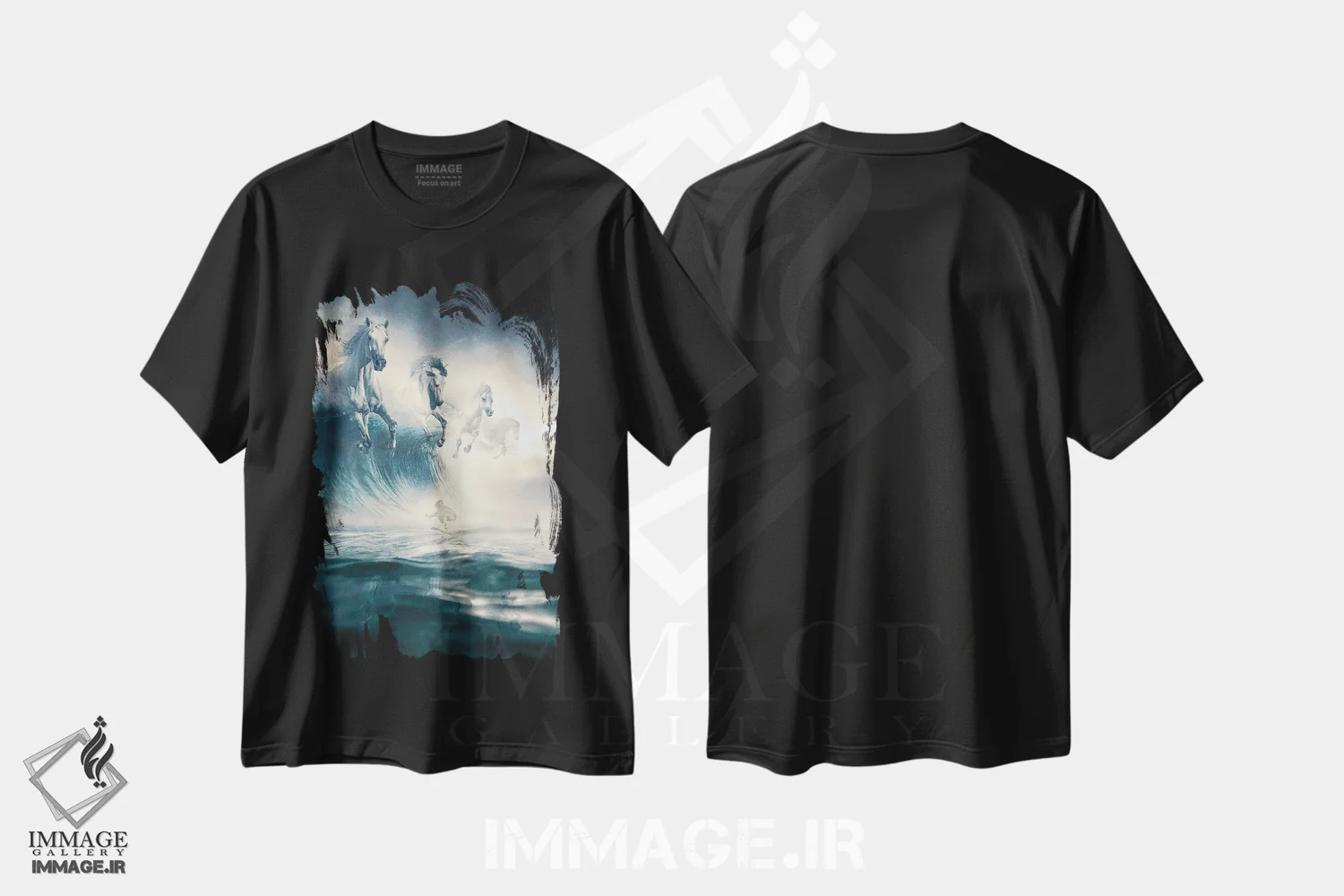 تیشرت مشکی طرح دار اسب های سفید، دکور ساحلی اثر آدام کازینز | فروشگاه ایماژ