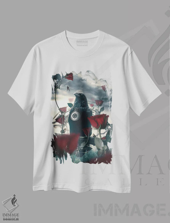 تیشرت سفید طرح دار کلاغ و گل رز، دکوراسیون جایگزین اثر آدام کازینز | فروشگاه ایماژ