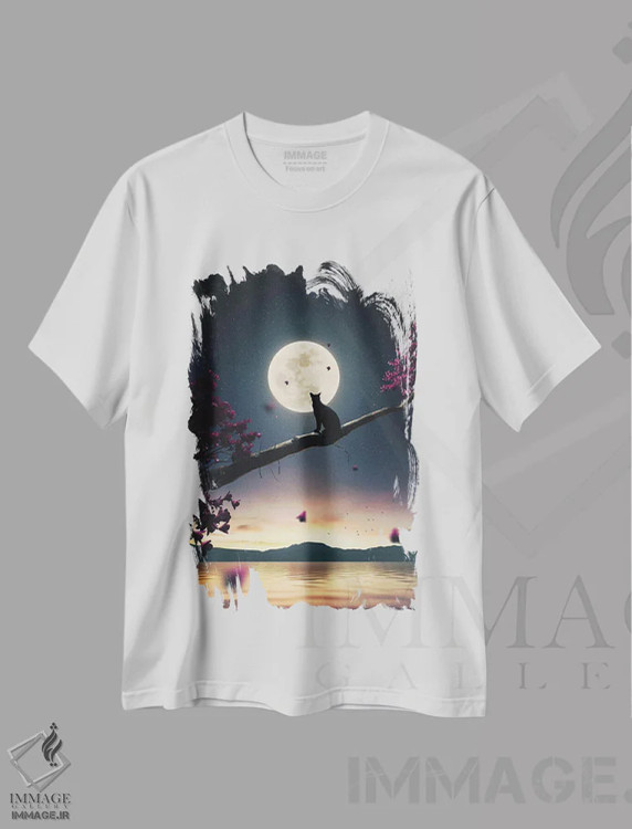تیشرت سفید طرح دار گربه سیاه و ماه، هنر دیجیتال اثر آدام کازینز | immage.ir