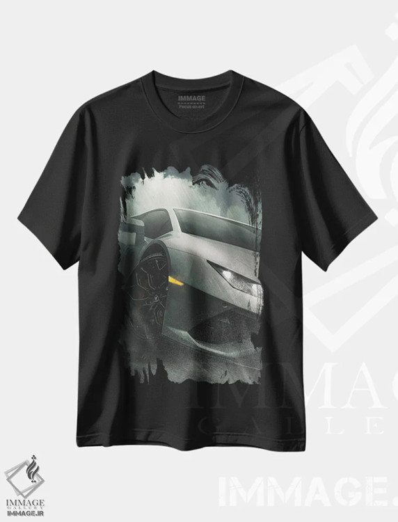 تیشرت مشکی طرح دار لامبورگینی زیر باران، هنر دیجیتال اثر آدام کازینز | فروشگاه ایماژ