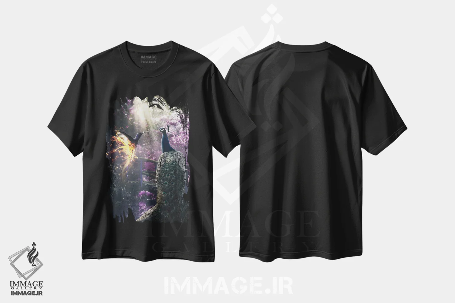 تیشرت مشکی طرح دار طاووس و مرغ مگس خوار، هنر دیجیتال اثر آدام کازینز | immage.ir