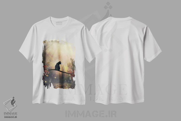 تیشرت سفید طرح دار گربه سیاه در جنگل جادویی، هنر دیجیتال اثر آدام کازینز | فروشگاه ایماژ