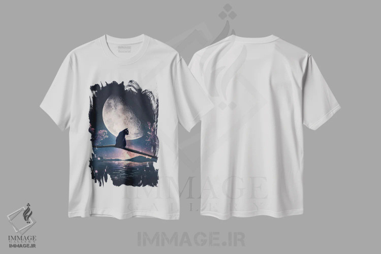تیشرت سفید طرح دار گربه سیاه و ماه، هنر دیجیتال اثر آدام کازینز | immage.ir