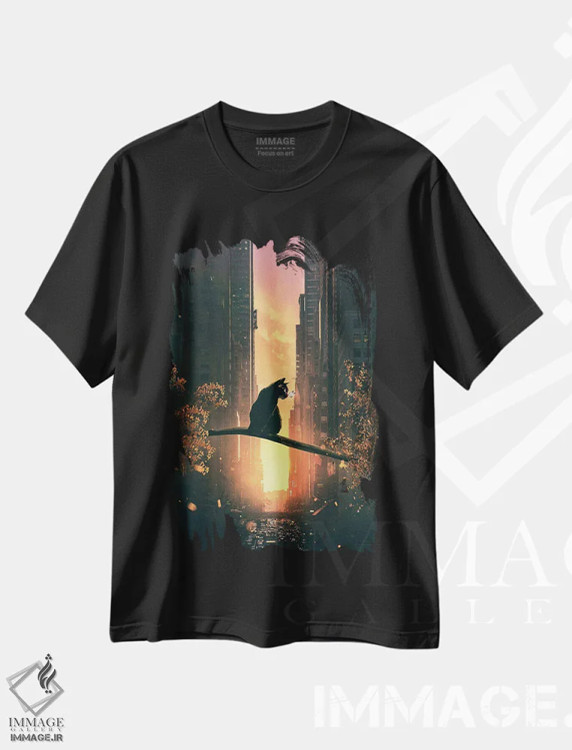 تیشرت مشکی طرح دار گربه سیاه در شهر، هنر دیجیتال اثر آدام کازینز | فروشگاه ایماژ