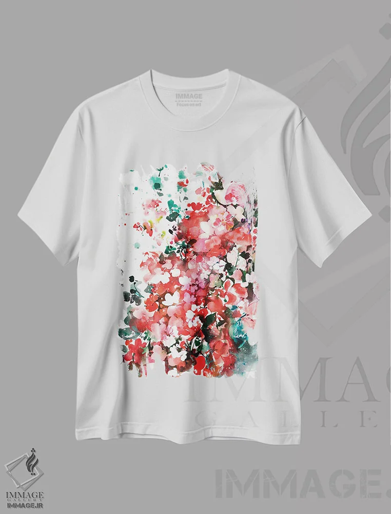 تیشرت سفید طرح دار شکوفایی فوق العاده نارنجی، دکور معاصر اثر کریتیو اینگرید | فروشگاه ایماژ